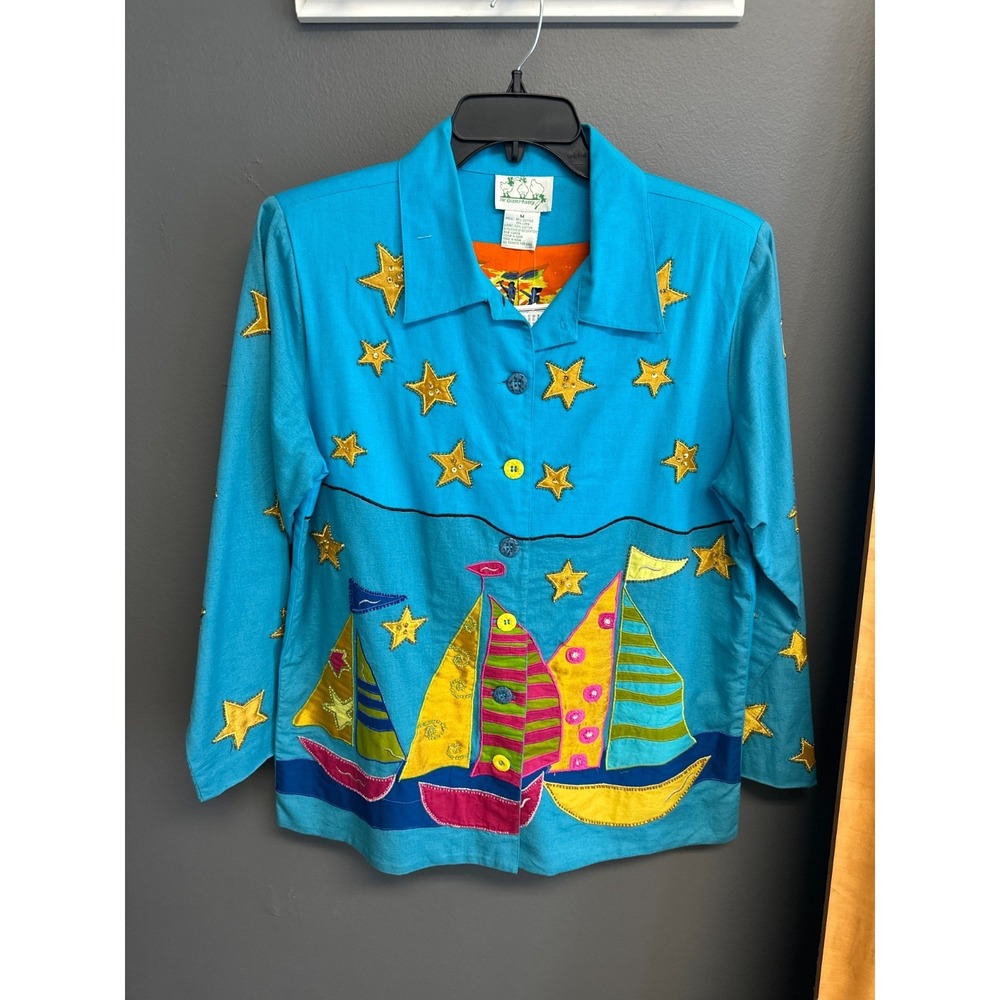 Vtg Y2K Quacker Factory Blue Sailboat Sz Medium Jacket Embroidered Button NEW